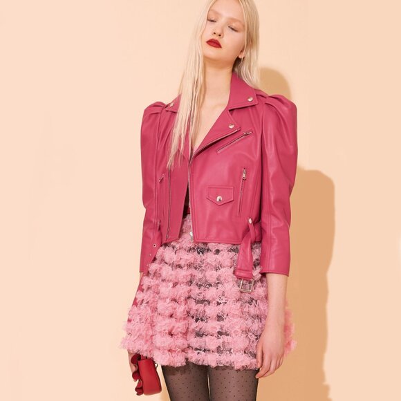 RED VALENTINO Puff-sleeve Leather Jacket In Pink - Picture 1 of 10